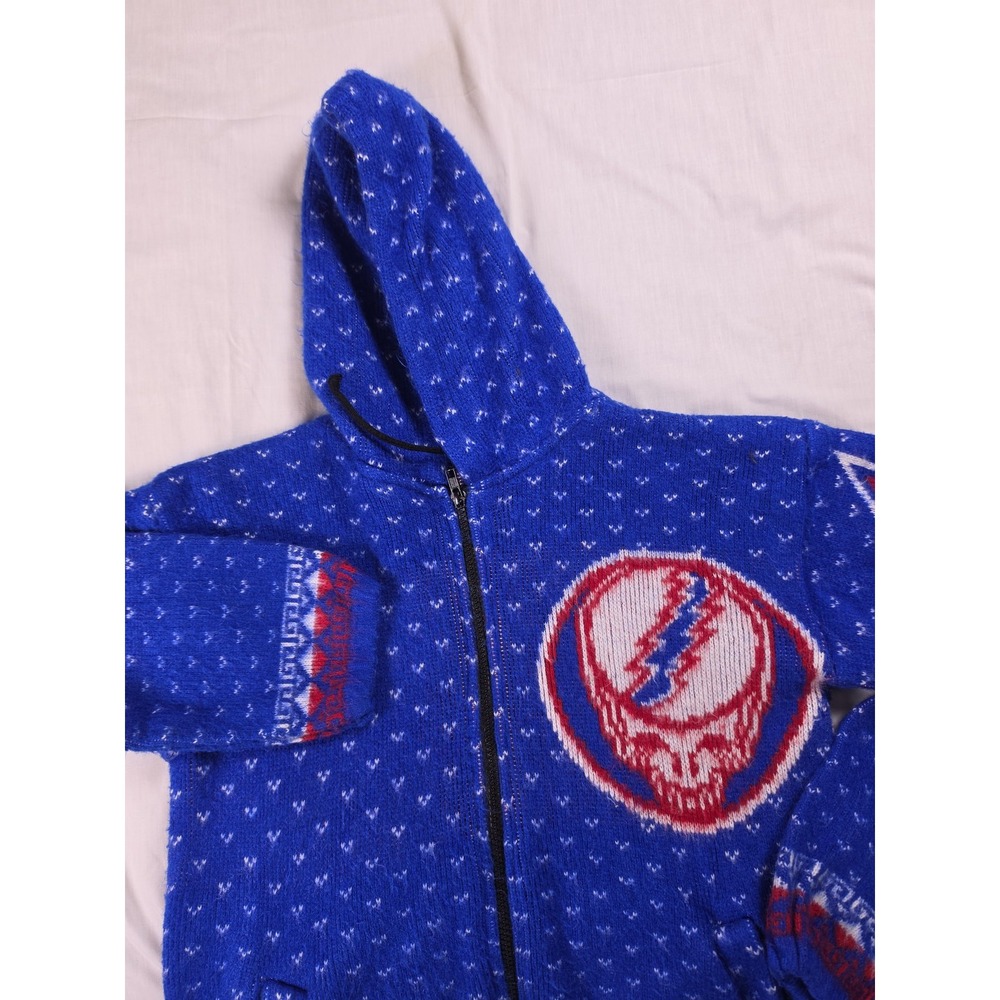 Grateful Dead Sweater Kids 8 Blue Knit Full Zip Hooded Stealie Skull Graphic